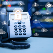 IP Telephony cloud services concept, ip phone device on blurred data center and connection of cloud services icon